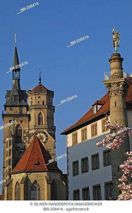 Towers of Collegiate Church and Mercury column Stuttgart Baden-Wuerttemberg Germany