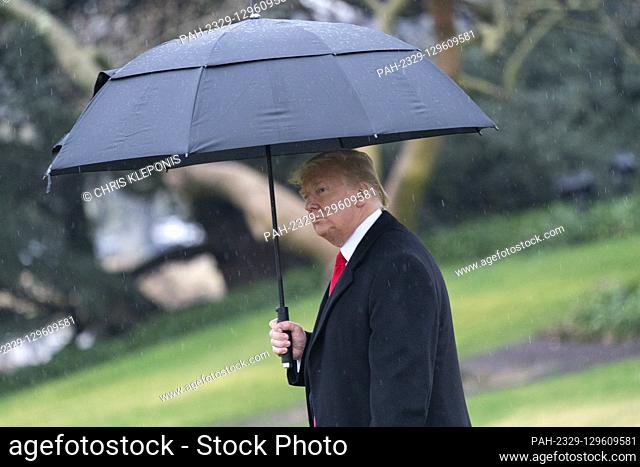 United States President Donald J. Trump departs the White House in Washington, DC, February 10, 2020, headed for a political rally in Manchester, NH