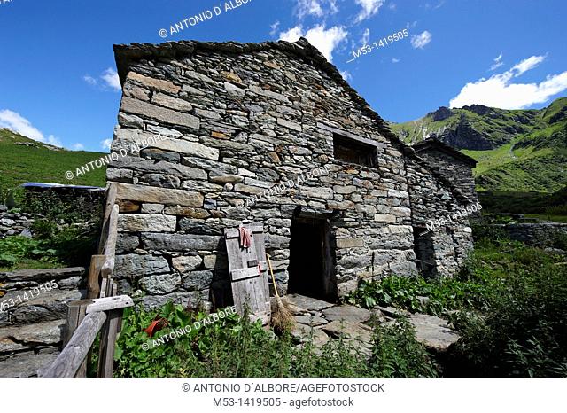 Walser stable for sheeps and cows at Alpe Campo  Alagna Valsesia municipality  Province of Vercelli  Piedmont  Italy