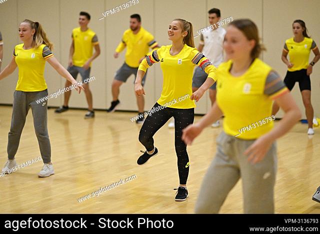 Gymnast Lisa Vaelen and Gymnast Margaux Daveloose pictured during a breaking introduction during a training camp organized by the BOIC-COIB Belgian Olympic...