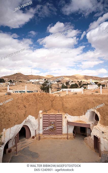Tunisia, Ksour Area, Matmata, elevated view of underground Hotel Sidi Driss, once a set for the film Star Wars