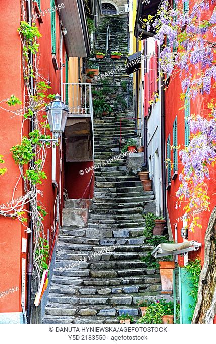 narrow street in Varenna on Lake Como, Province Lecco, Lombardy, Italy