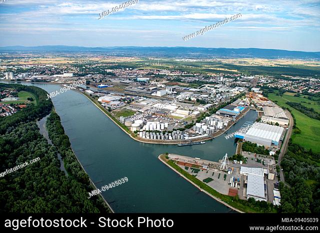 Aerial view of the Rhine at industrial area in Rheinau
