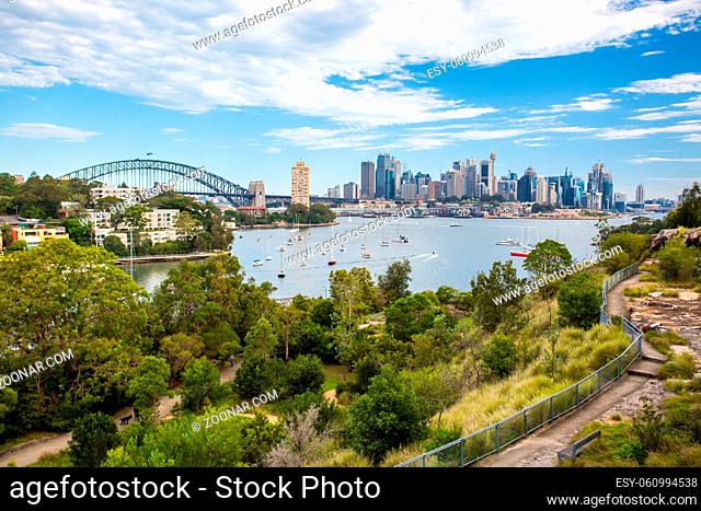 The Sydney CBD and surrounding harbour over Berrys Bay, on a clear summer day on February 8th 2015