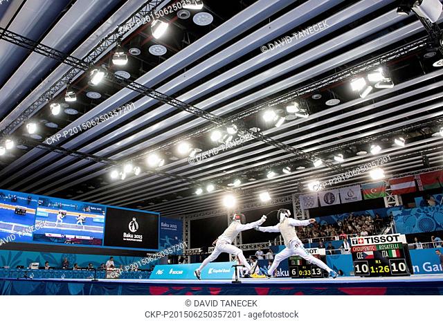 From left Alexander Choupenitch of Czech Republic and Damiano Rosatelli of Italy fight during the Men's Individual Foil Fencing at the Baku 2015 1st European...
