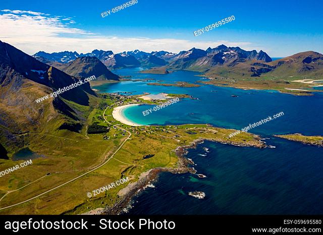 Panorama Beach Lofoten islands is an archipelago in the county of Nordland, Norway. Is known for a distinctive scenery with dramatic mountains and peaks