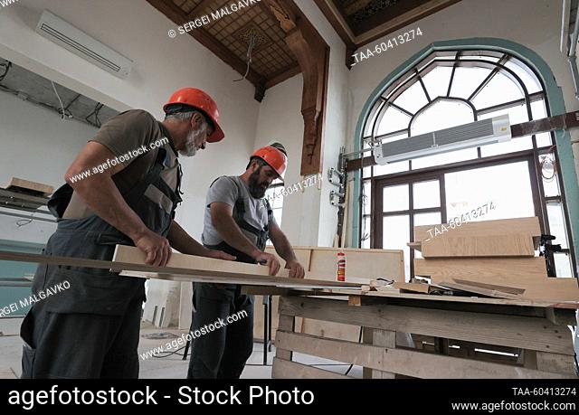 RUSSIA, SIMFEROPOL - JULY 12, 2023: Workers are seen at the Great Friday Mosque under construction; artists from Russia and Turkey are taking part in the dome...