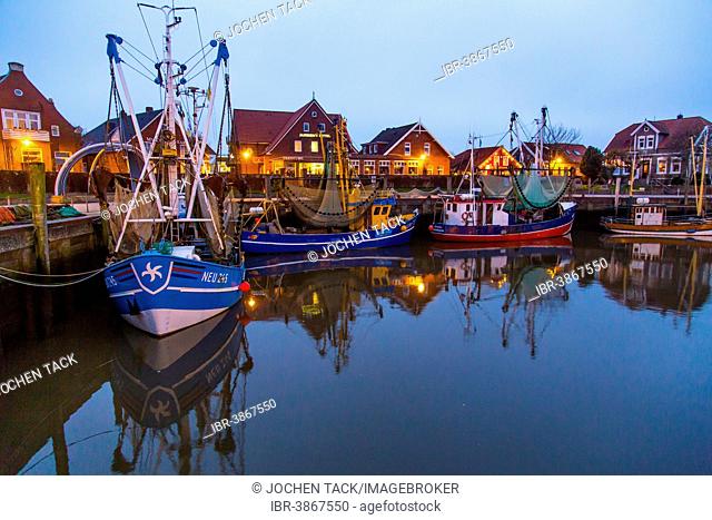 Fishing port, shrimp boats in Neuharlingersiel, Lower Saxony, Germany