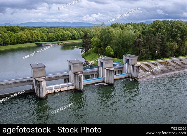Aerial view of Goczalkowice Reservoir in Goczalkowice-Zdroj village in Silesia region of Poland, created with a dam on the Vistula River