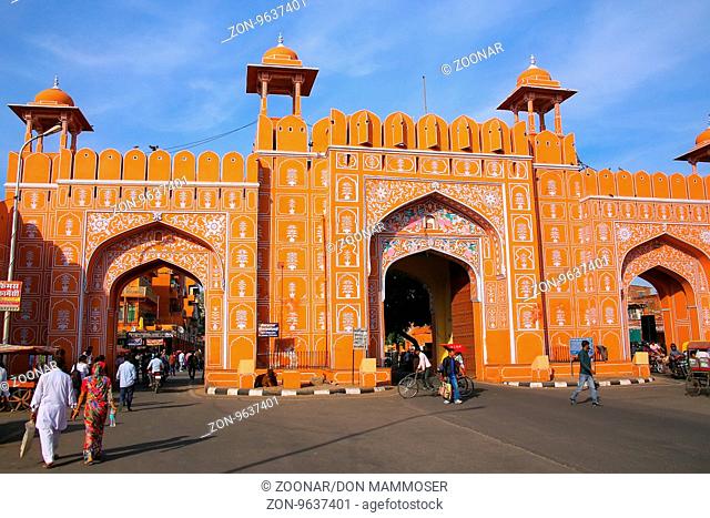 Ajmeri Gate in Jaipur, Rajasthan, India. There are seven gates in the walls of Jaipur old town