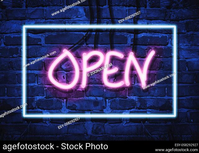 inscription open in pink neon letters, rectangular glowing blue neon frame on brick wall background, outdoors