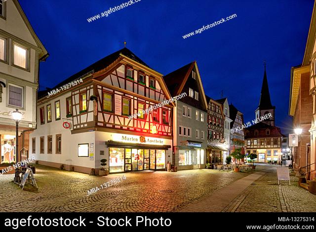 Pedestrian zone, main street, parish church St. Michael, house facade, half-timbered, blue hour, architecture, Lohr am Main, Bavaria, Germany, Europe