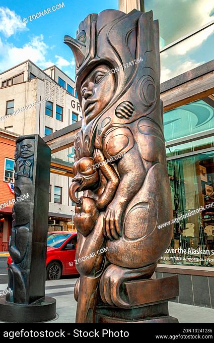 September 14, 2018 - Juneau, Alaska: Bronze sculptures by Tsimshian native artist David R. Boxley and Tlingit Native artist Stephen Jackson in front of the...