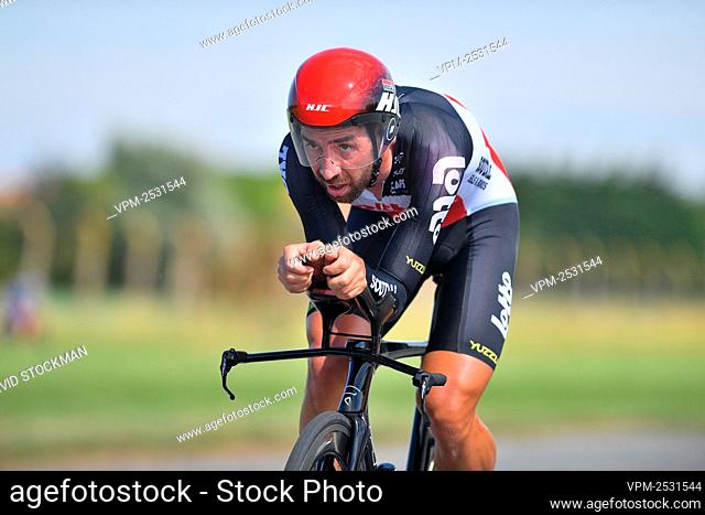 Belgian Thomas De Gendt of Lotto Soudal pictured in action during the men's elite individual time trial race of 42, 9km at the Belgian championships