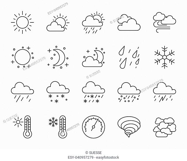 Weather thin line icons set. Outline web sign kit of meteorology. Climate linear icon collection includes sun, tornado, fog
