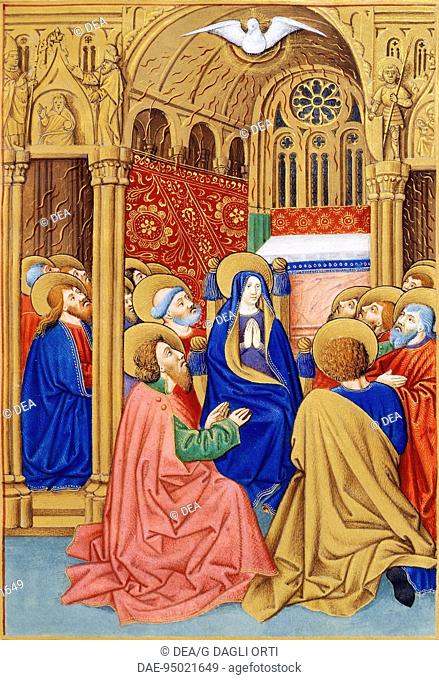 The Pentecost, miniature from the Book of Prayers by Jeanne de Laval, manuscript, France 15th Century.  Poitiers, Mediathèque François Mitterrand