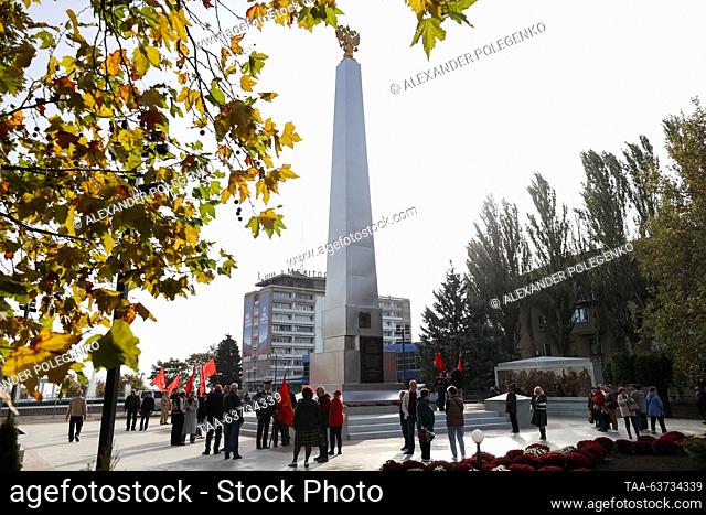 RUSSIA, MELITOPOL - OCTOBER 23, 2023: A ceremony takes place in Victory Square to unveil the City of Military Glory stele and mark 80 years since the city's...