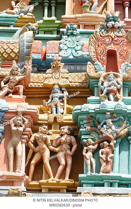 Lord Krishna in various activities carved on Ranga gopuram gateway of gigantic Sri Ranganathswami temple , Srirangam , Tiruchirapalli Trichy , Tamil Nadu