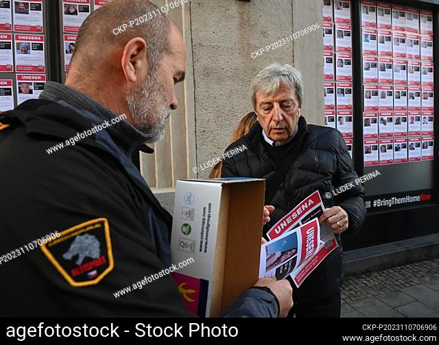 Public display of posters with portraits of people kidnapped by the terrorist group Hamas in front of the Museum of Modern Art in Olomouc, Czech Republic