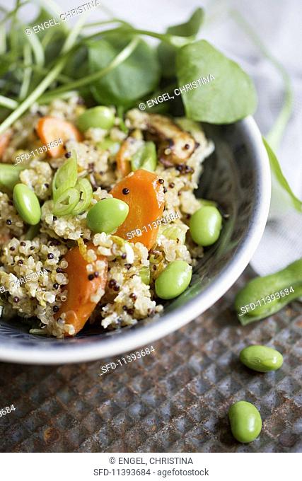 Quinoa with baby asparagus, carrots, Edamame beans and spring onions