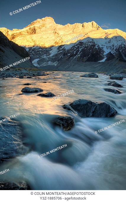 Mt Sefton at dawn, outflow river from Mueller Lake, Aoraki Mount Cook National Park, Canterbury