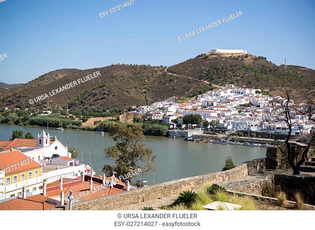 the town Alcoutim in Portugal and the town Sanlucar de Guadiana in Spain at the river Rio Guadiana on the Border of portugal and Spain at the east Algarve in...