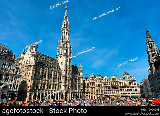 The Town Hall and buildings of the Grand Place or Grote Markt, Brussels, Belgium