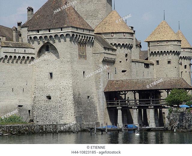 castle, Chateau de chillon, detail, lake of Geneva, Montreux, Vaud, Switzerland, Europe