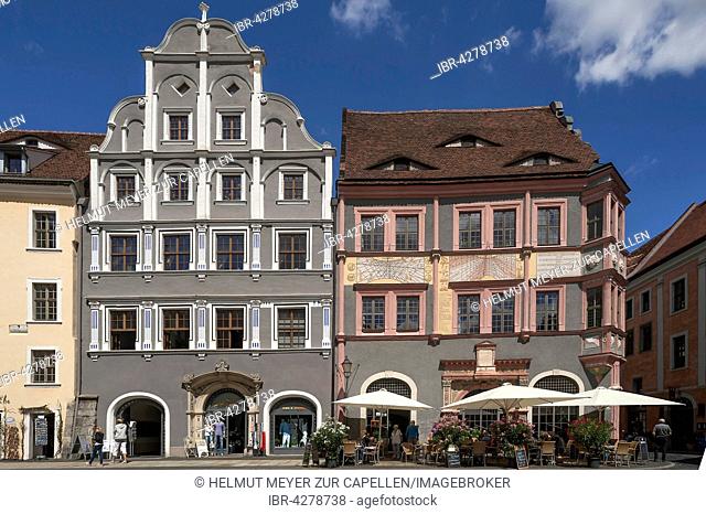 Old town council apothecary, two sundials, house with whispering arch left, Untermarkt, Görlitz, Upper Lusatia, Saxony, Germany