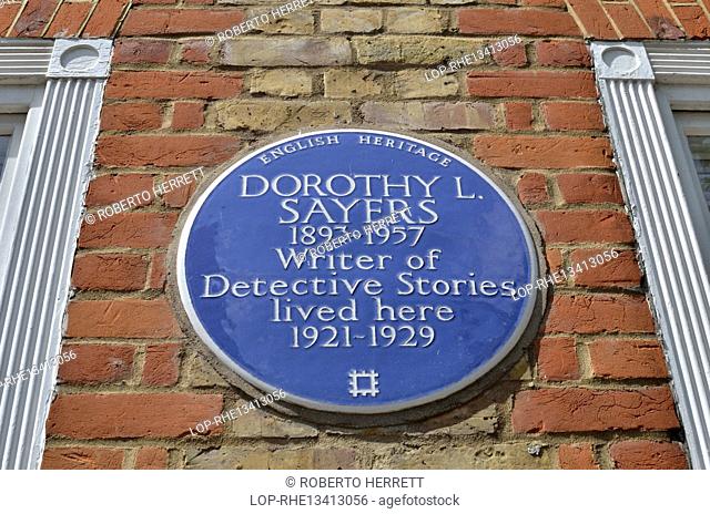 England, London, Bloomsbury. Dorothy L Sayers blue memorial plaque in Great James Street