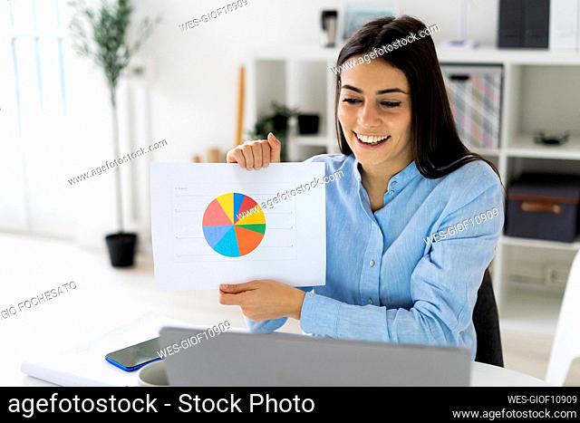 Entrepreneur showing business pie chart to conference call laptop while working at office