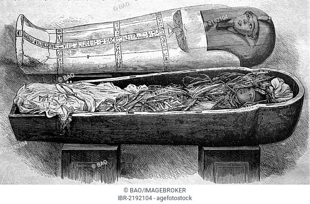 Mummy of ancient Egyptian king Pharaoh Amenhotep I, who reigned from 1525 to about 1504 BC, historical engraving, 1888
