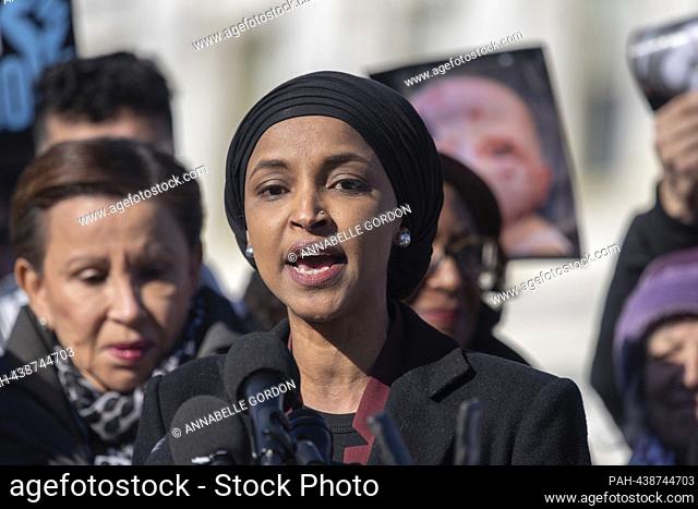 United States Representative Ilhan Omar (Democrat of Minnesota) speaks at a press conference with activists calling for a ceasefire in Gaza at the House...
