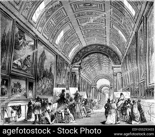 The large gallery one day study, Louvre Museum, vintage engraved illustration. Magasin Pittoresque 1844