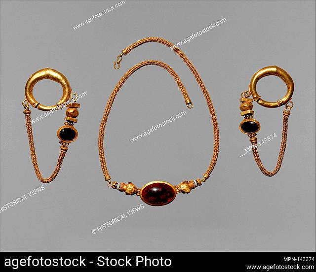 Gold, garnet, and agate necklace and earrings. Period: Late Hellenistic; Date: 1st century B.C; Culture: Greek; Medium: Gold, garnet