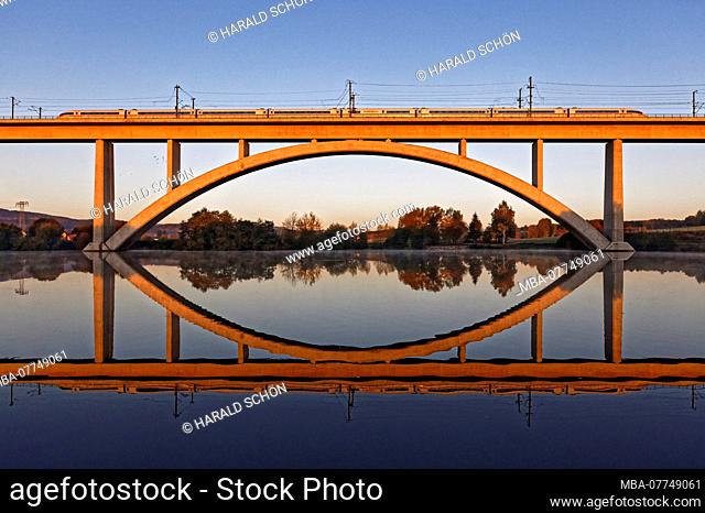 Train, bridge, lake, mirroring, morning light