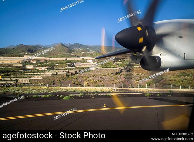 Spain, Canary Islands, La Palma Island, Santa Cruz de la Palma, propeller-driven airliner taxiing at Santa Cruz de la Palma airport