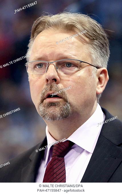 Iserlohn's head coach Jari Pasanen looks on during the DEL Icehockey Playoffs (Best of 7) match between Hamburg Freezers and Iserlohn Roosters at the o2 world...