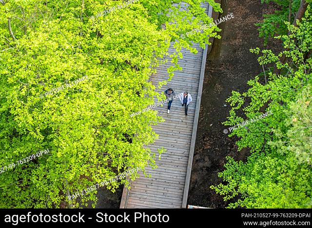 27 May 2021, Mecklenburg-Western Pomerania, Heringsdorf: Employees are on the 1, 350-meter-long Usedom treetop path. At a height of about 23 metres