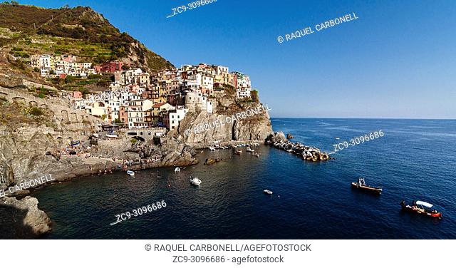 Colourful buildings on cliff side, Manarola, Italian Riviera, Liguria, Italy