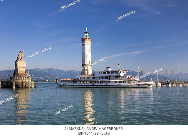 Passenger ferry sailing into the port of Lindau, Lake Constance, Bavaria, Germany, Europe