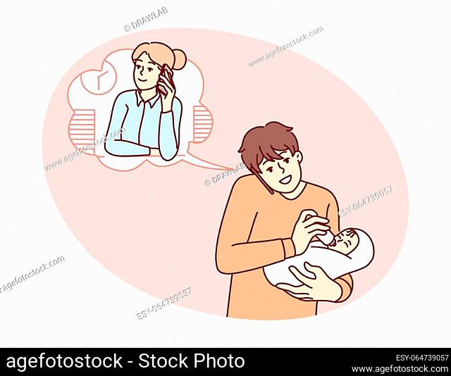 Young father feed baby infant talk with wife working in office on phone. Caring dad with child in hands have call with businesswoman mom