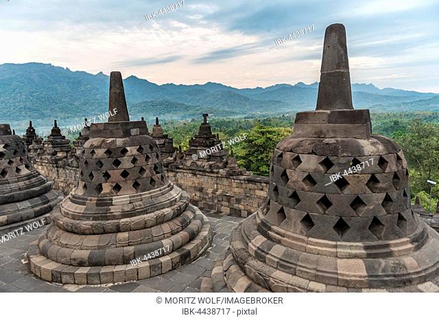 Borobudur temple, stupas, cloudy sky, Borobudur, Yogyakarta, Java, Indonesia