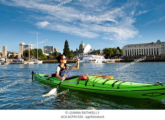View from a kayak as we paddle the Inner Harbour of Victoria, BC, on a summer afternoon