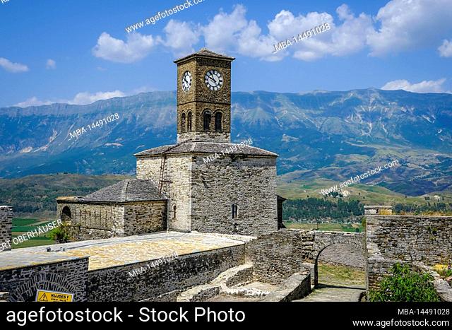 City of Gjirokastra, Gjirokastra, Albania - Clock Tower, Castle of the Mountain City of Gjirokastra, UNESCO World Heritage Site. Drinos Valley