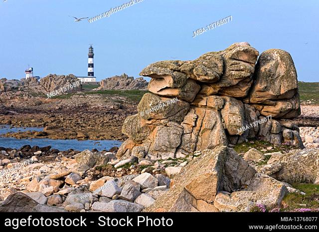 Rocky coast, in the background the Phare de Créac'h, Île d'Ouessant, France, Brittany, Finistère department