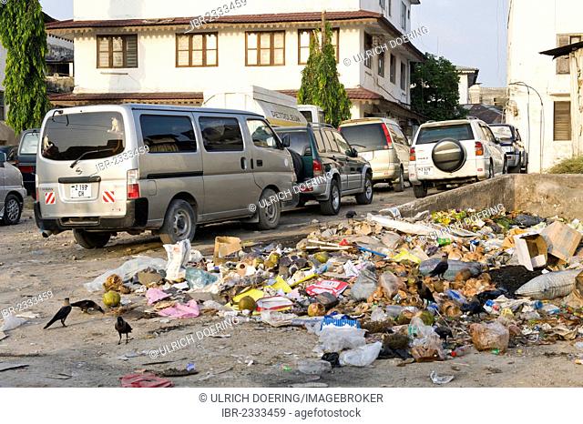 Dumped garbage in a car park, Stone Town, Zanzibar, Tanzania, Africa