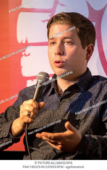 25 February 2018, Germany, Erfurt: Kevin Kuehert, federal chairman of the Young Socialists speaks during the event ""Groko oder NoGroko""
