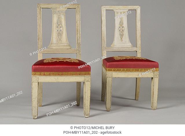 Pair of chairs By Pierre Benoît Marcion In white lacquered wood Height: 95 cm, length ; 48 cm, depth: 44 cm Paris, 1810 Private collection Origin: first...