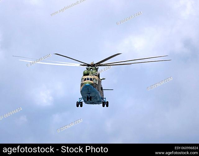 MOSCOW, RUSSIA - MAY 7, 2021: Avia parade in Moscow. Mi-26 helicopters fly in the sky on parade of Victory in World War II in Moscow, Russia